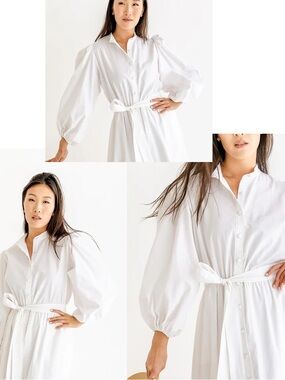 Classic White Button-Front Mini Dress with Balloon Sleeves